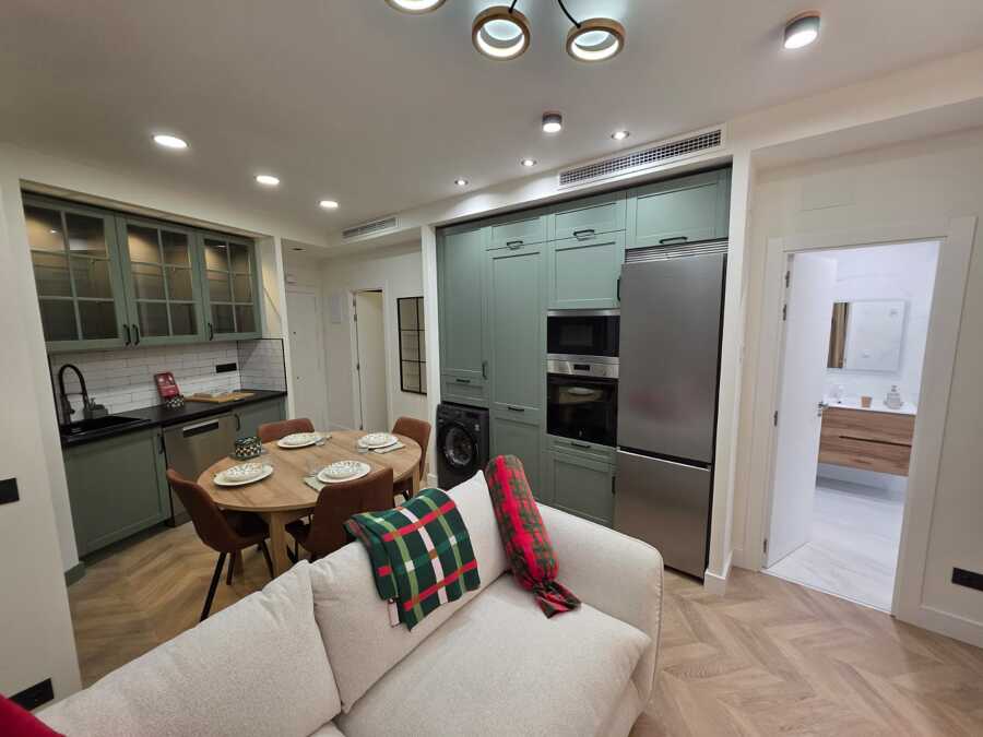 Salón con sofá y cocina al fondo