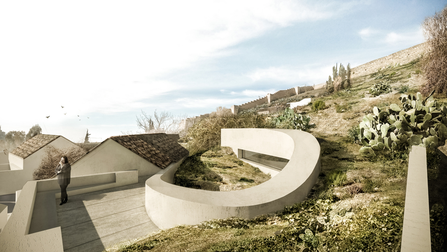 Casa para una palmera, Sacromonte (Granada). Cubierta ajardinada y vistas a la muralla medieval