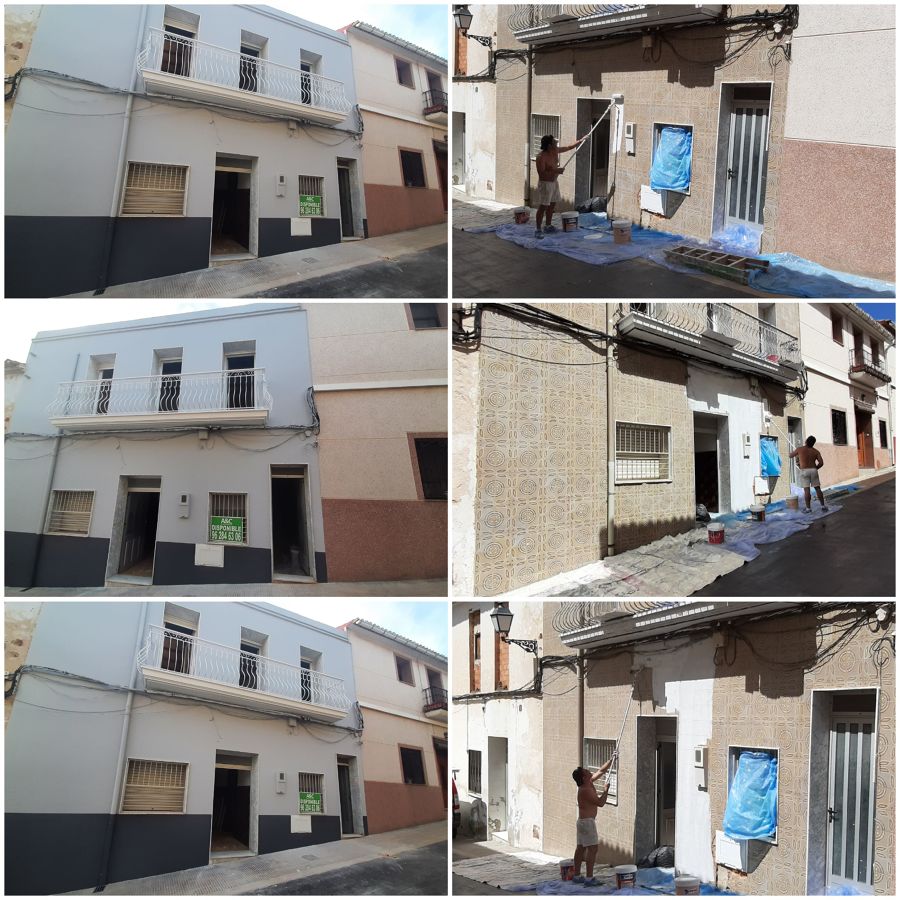 Pintura sobre azulejos en fachada acabada con revestimiento pétreo