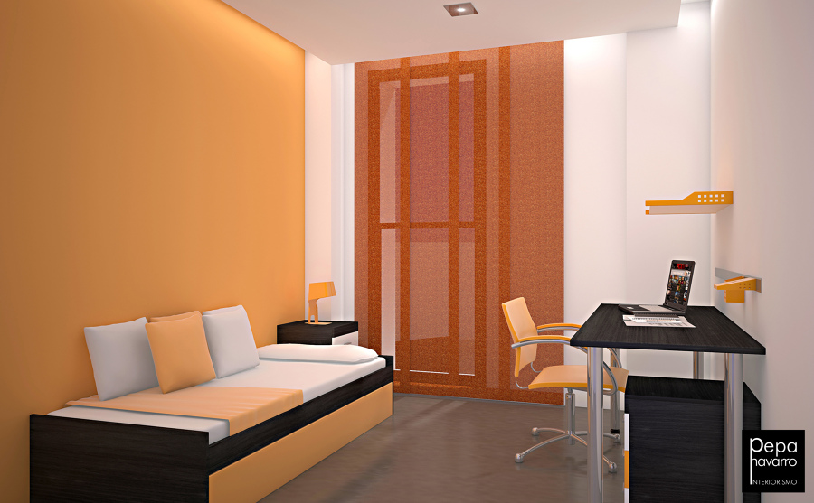 Infografía 3D de dormitorio individual.