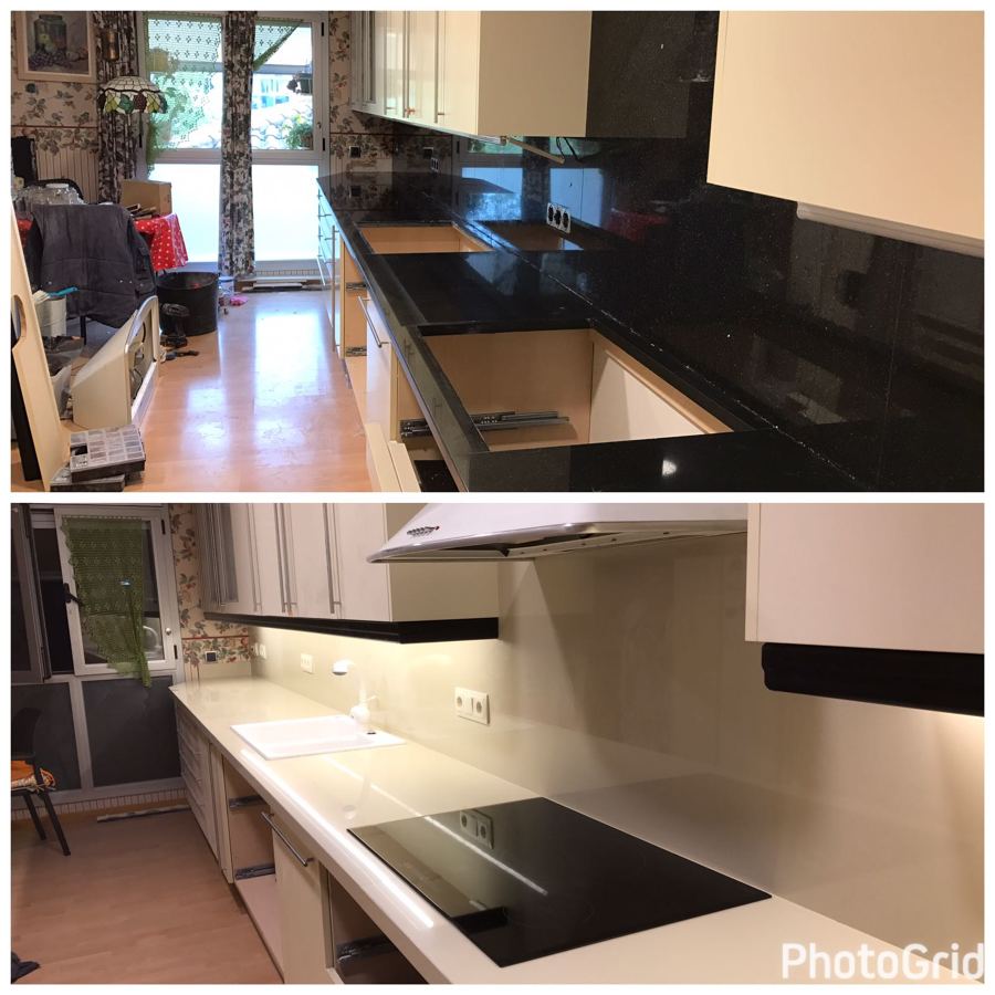 El antes y después de una encimera y frente con material porcelánico