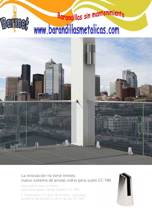 Barandilla de vidrio al aire +Info en http://www.barmet.es/tienda/Catalog/show/pinzas-para-suelo-cc-780-aisi316-espejo-167126
