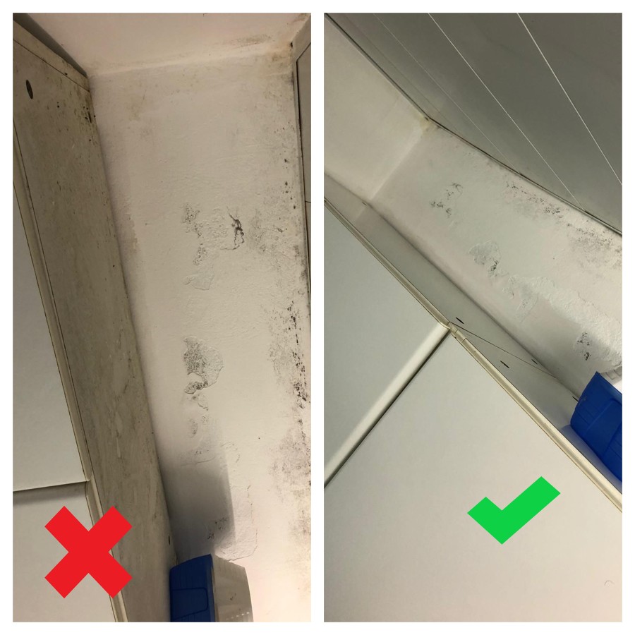 Limpieza de suciedad acumulada en la parte superior de los armarios.