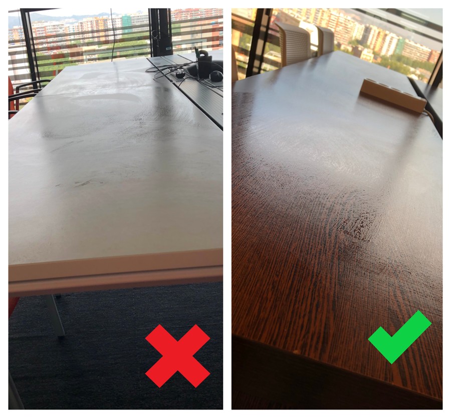 Desempolvado e higienizado de una mesa de madera.