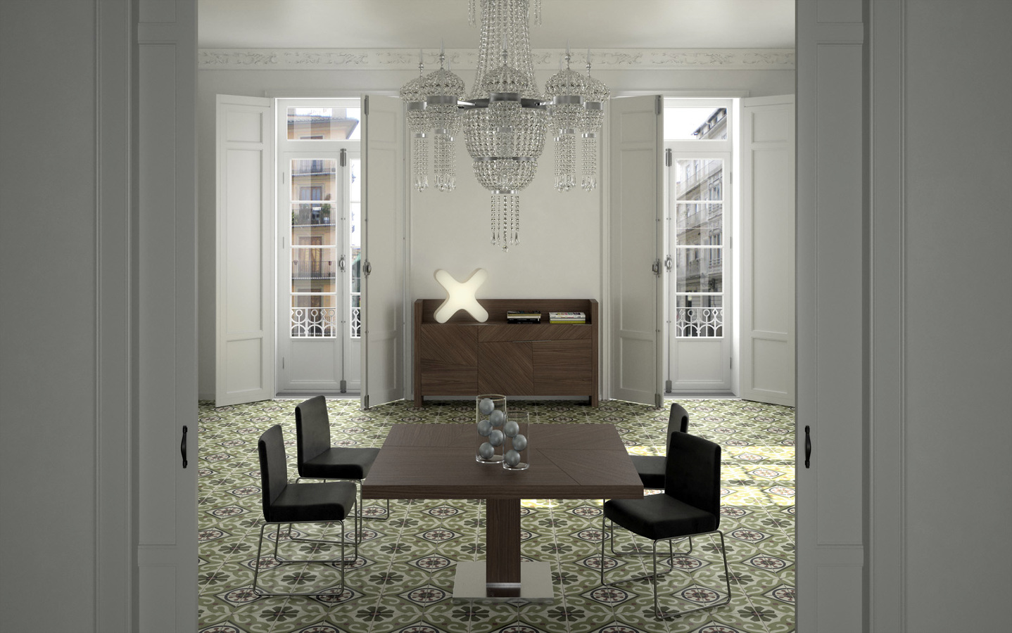 Comedor con mesa cuadrada y aparador.