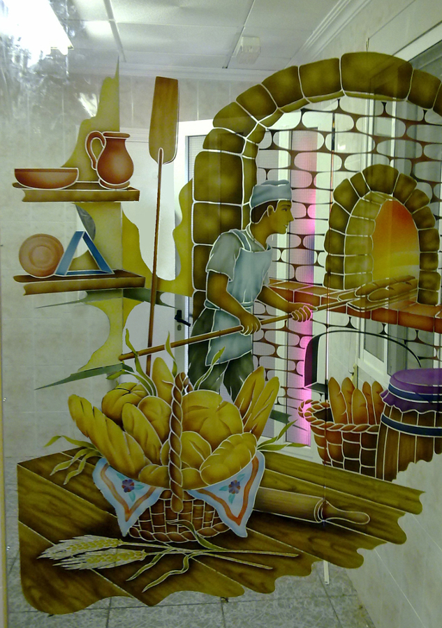 Cristal decorado panaderia.