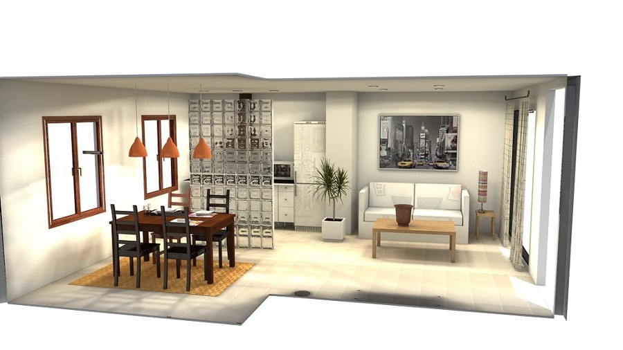 Diseño 3D salón,  cocina y comedor