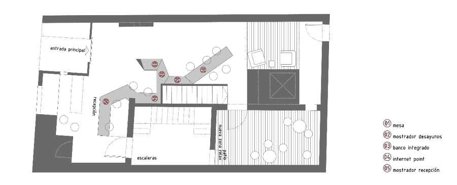 distribución en planta de área de recepción de hotel