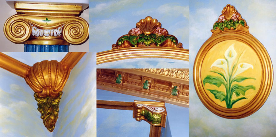 Elementos decorativos en espacios religiosos, tratamiento de policromía, ménsulas, molduras, rosetones, etc...