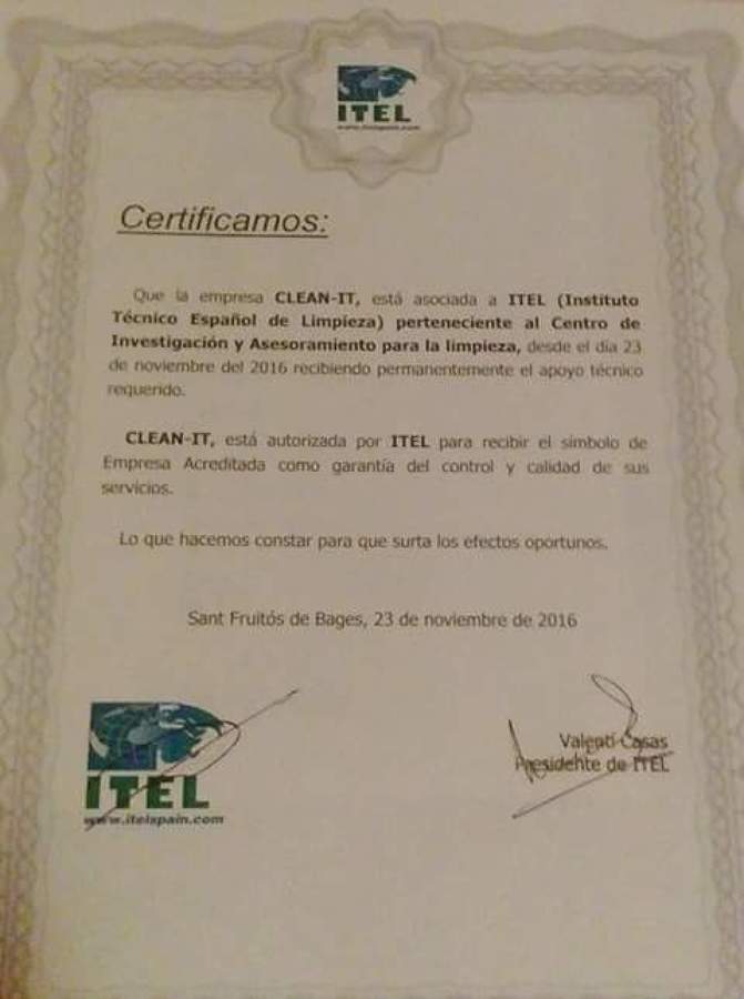 Certificado calidad otorgado por ITEL