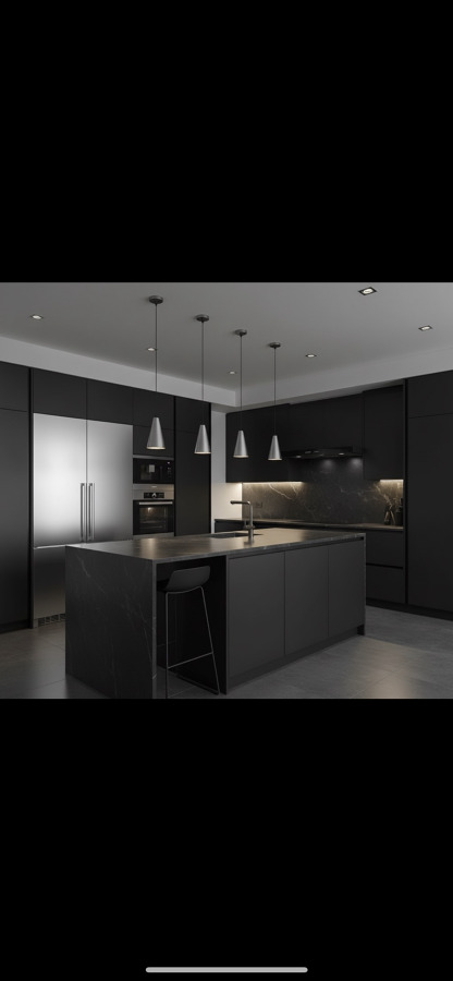 Cocina moderna con isla central y acabados en negro mate