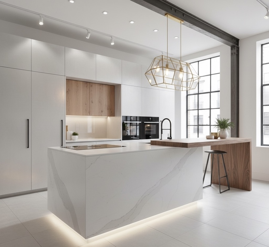 Cocina minimalista con isla central y diseño luminoso