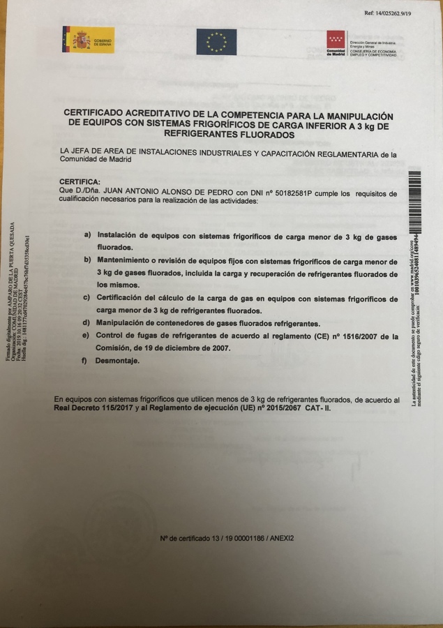 certificado manipulador gases fluorados