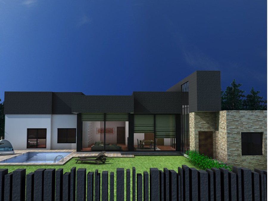 infografía unifamiliar con jardín y piscina