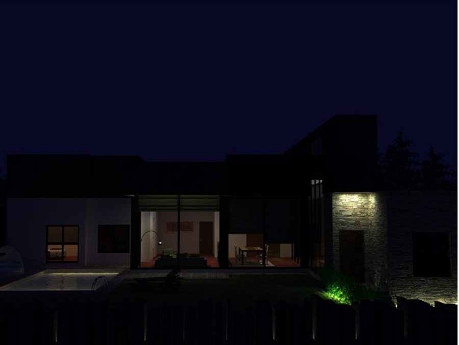 infografía unifamiliar con jardín y piscina