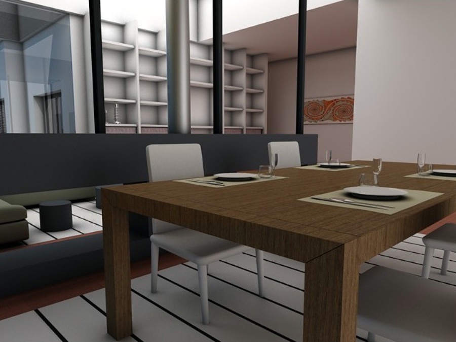 infografía unifamiliar con jardín y piscina