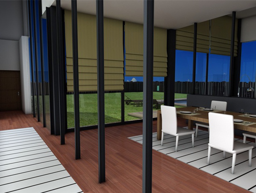 infografía unifamiliar con jardín y piscina