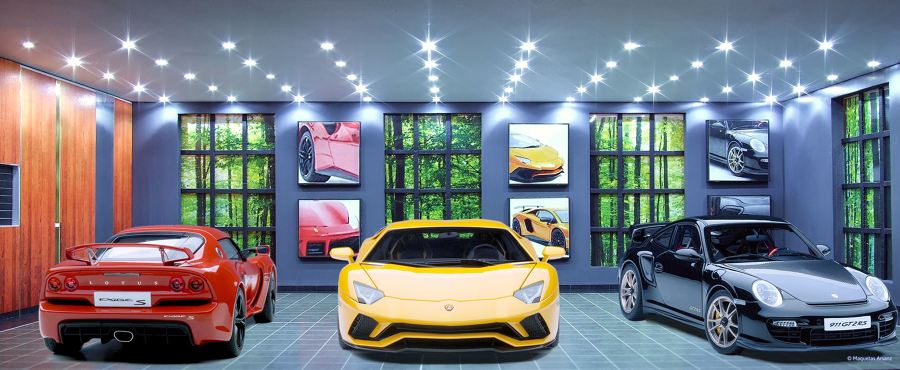 Diorama de garaje para coches superdeportivos con luz led