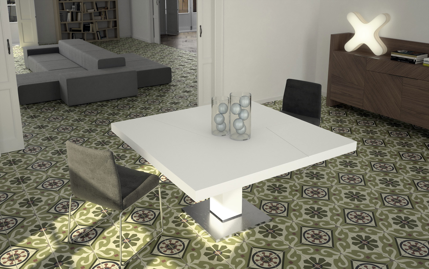 Mesa cuadrada en laca blanca y acero.