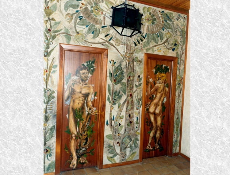 Mural de hormigón y vidrio en interiores, Cafetería