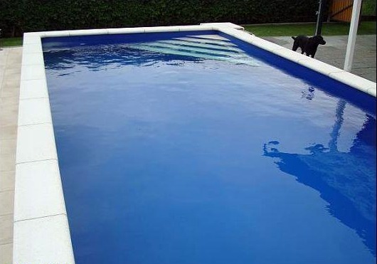 Piscina azul marino con escalera blanca antideslizante