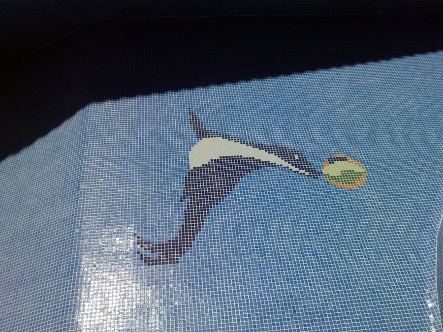 piscina azul niebla,con foca y ecaleras romanas