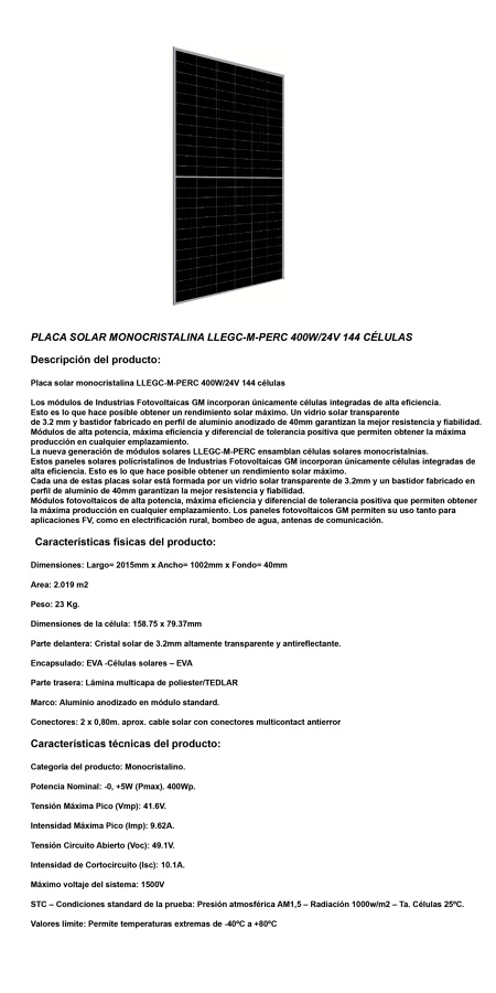 Ficha técnica paneles solares fotovoltaicos