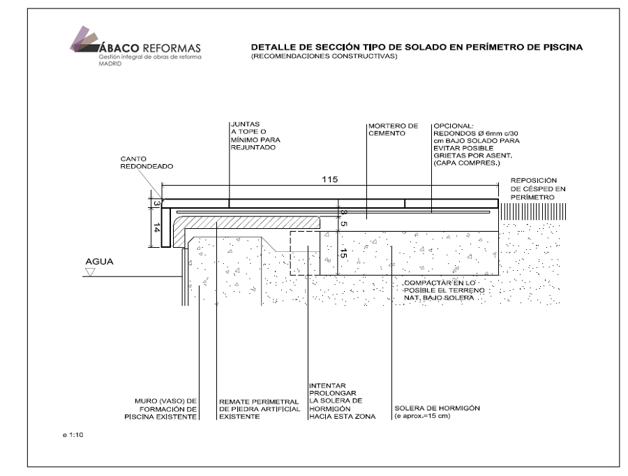 Plano de detalle de ejecución de solado en perímetro de piscina