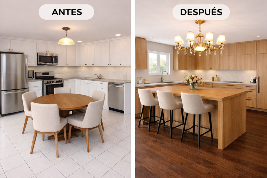 Antes y después de reforma cocina americana, salon