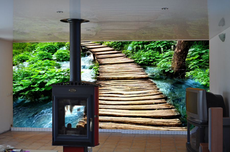 Techo tensado lacado y muro impreso