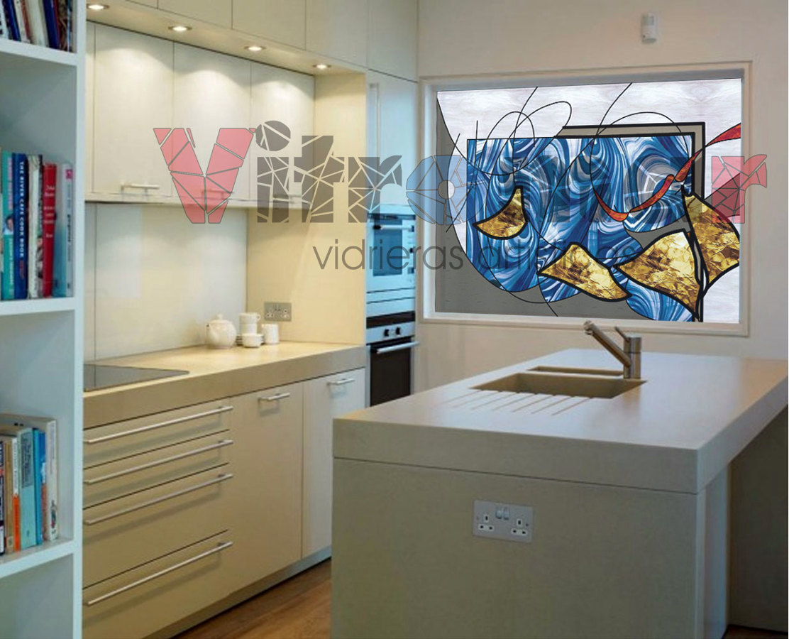 Vidriera abstracta cocina azul 