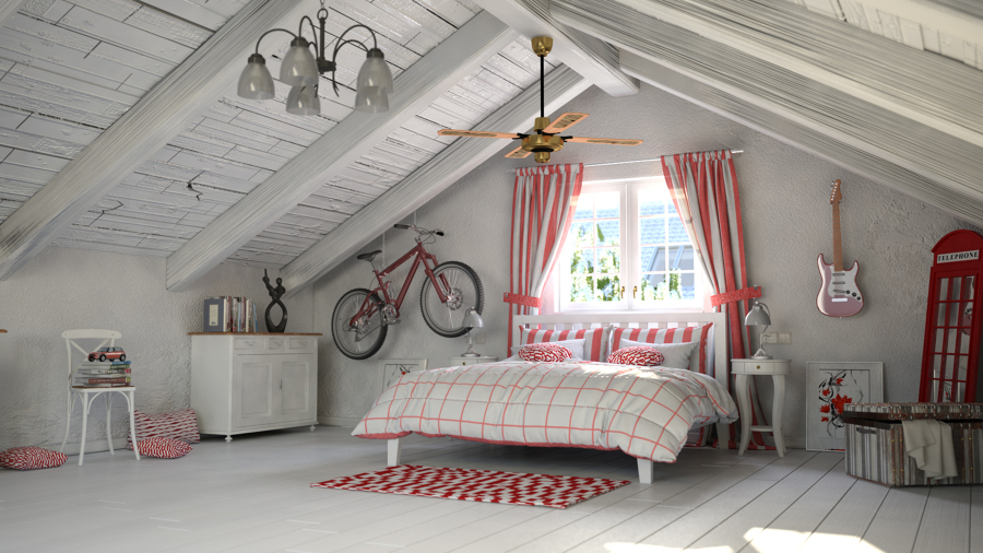 Render 3D dormitorio buhardilla