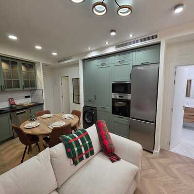 Salón con sofá y cocina al fondo