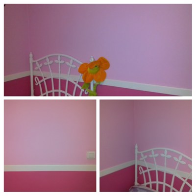 Pintura Habitación Infantil en dos colores separados por cenefa de madera blanca.