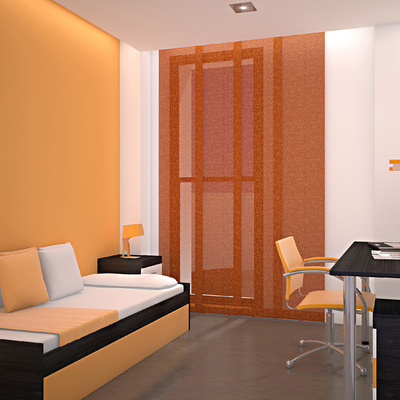 Infografía 3D de dormitorio individual.