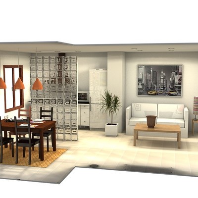 Diseño 3D salón,  cocina y comedor