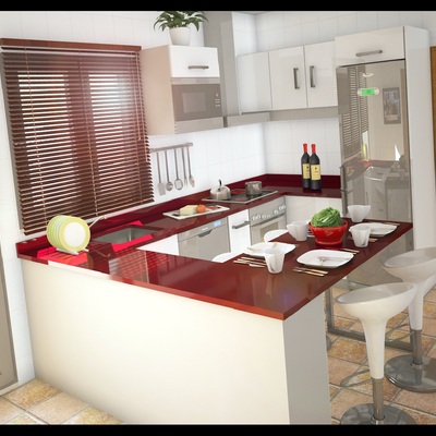 Diseño en 3d de cocina con barra americana