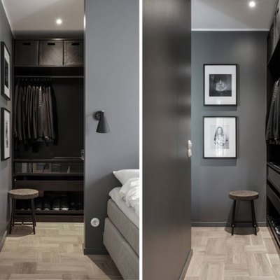 Walk-in closet detrás del cabecero de la cama