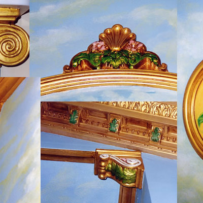 Elementos decorativos en espacios religiosos, tratamiento de policromía, ménsulas, molduras, rosetones, etc...