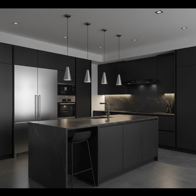 Cocina moderna con isla central y acabados en negro mate