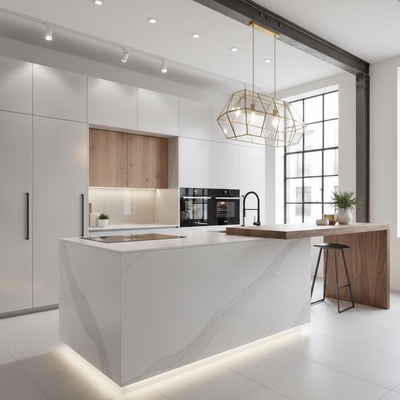 Cocina minimalista con isla central y diseño luminoso