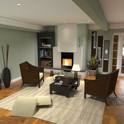 Reforma chalet. Vista render interior salón.