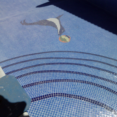 piscina azul niebla,con foca y ecaleras romanas