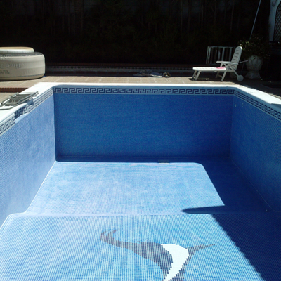 piscina azul niebla,con foca y ecaleras romanas