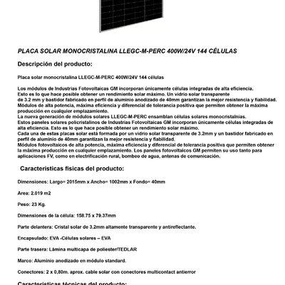 Ficha técnica paneles solares fotovoltaicos