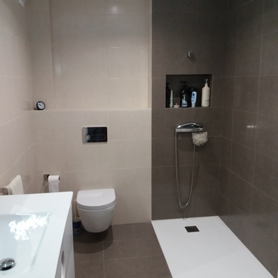 Baño con hornacina e inodoro suspendido