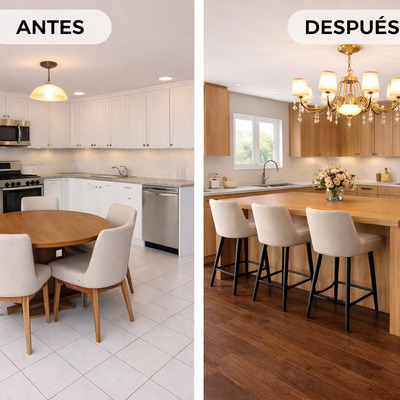 Antes y después de reforma cocina americana, salon