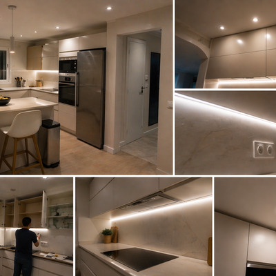 Instalación de iluminación LED en cocina con tiras bajo muebles y focos empotrados en Rincón de la Victoria