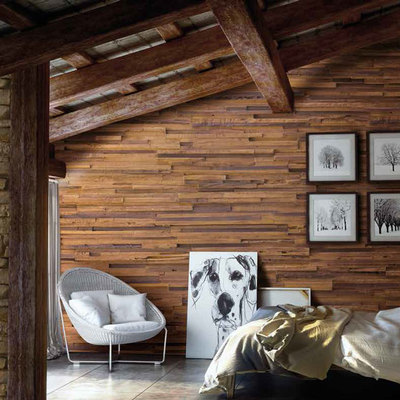 Salón paredes madera y piedra