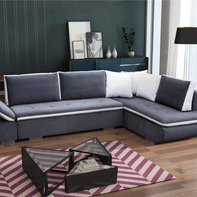 Sofá rinconera cama de color azul con cojines – Bondi. Gris oscuro. Esquina derecha